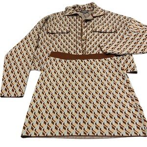 Two piece set. Tan brown blue goyard style print. Mini skirt w cropped jacket.